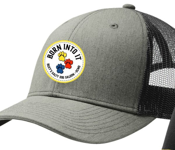 Grey baseball hat with Buxy's Born Into It patch on the front.