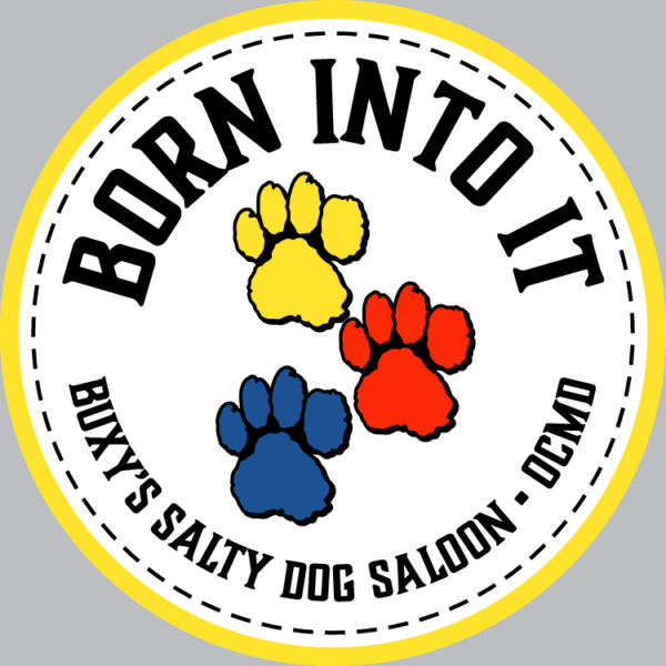 Buxy's Born Into It patch with three paw prints on it.