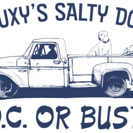 Buxy's OC or Bust graphic with dog in bed of truck.