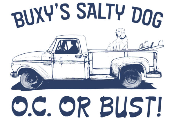 Buxy's OC or Bust graphic with dog in bed of truck.