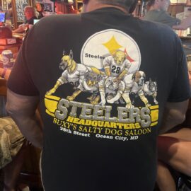 Steelers Headquarters T-shirt design with dogs in football uniforms.