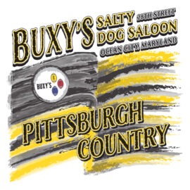 Buxy's Pittsburgh Pride t-shirt graphic with Steeler's flag.